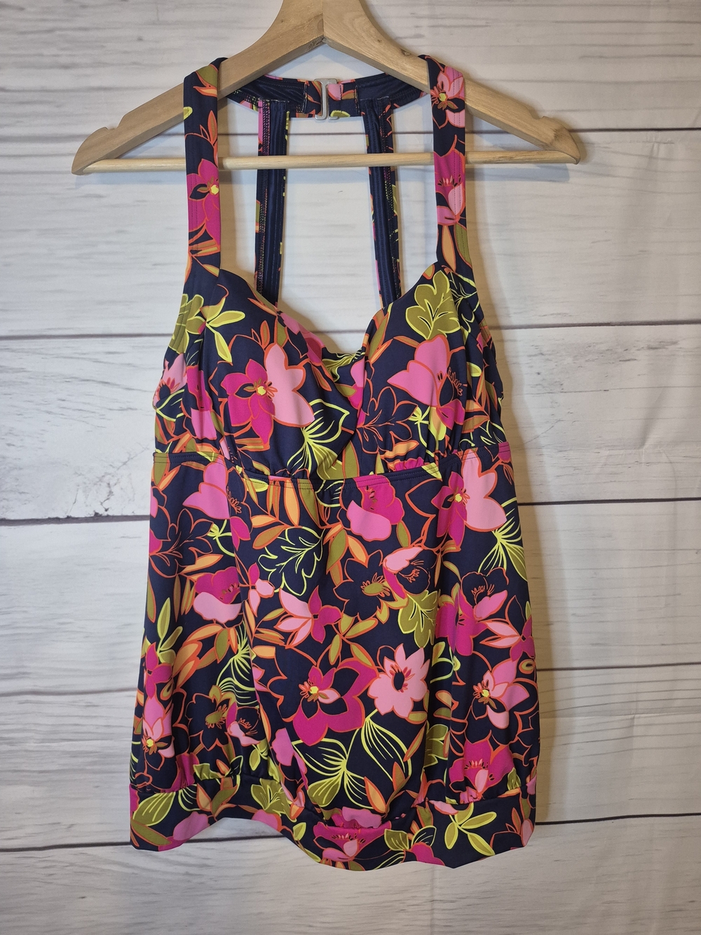 Lands' End Navy + Colorful Accents Floral Tankini Swim Top Built in Bra Size 10L